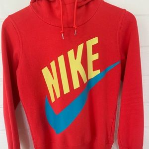 Nike Red Hoodie with Yellow and Blue Logo